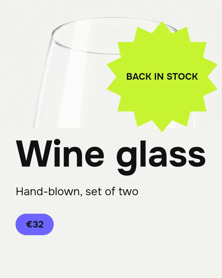 A post: Back in stock, Wine glass, Hand-blown, set of two, €32.