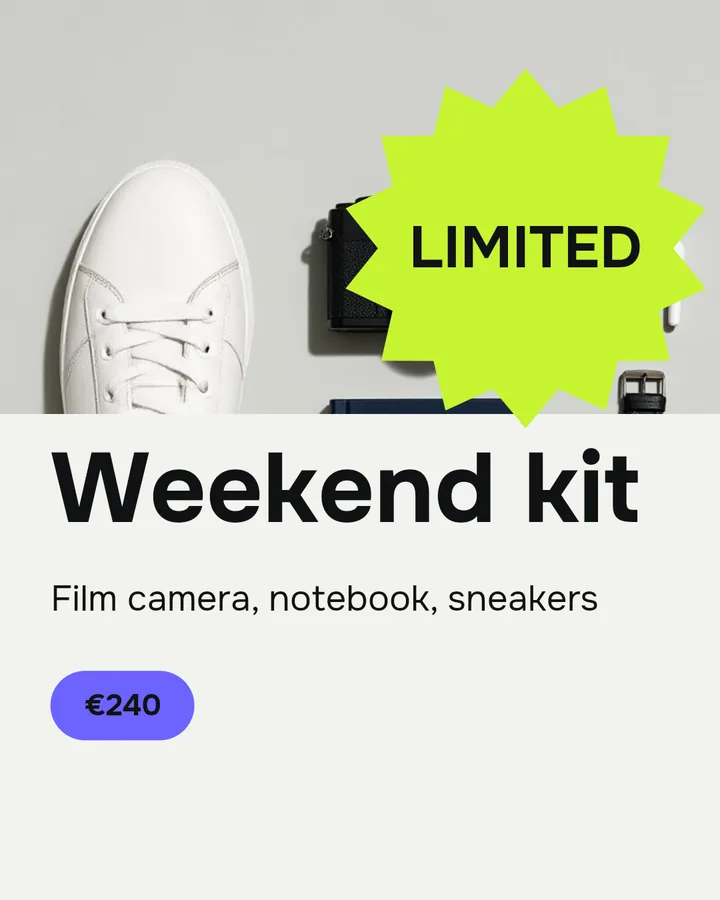 A post: Limited, Weekend kit, Film camera, notebook, sneakers, €240.
