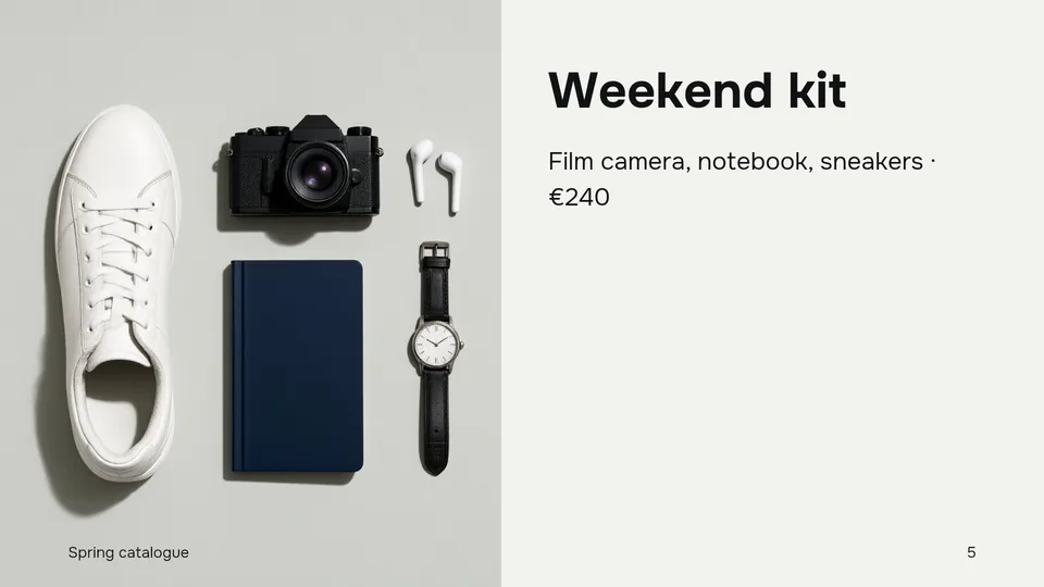 Slide: Weekend kit, Film camera, notebook, sneakers, €240.