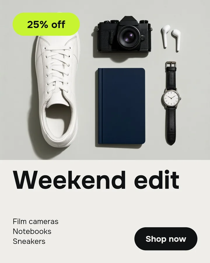 The Spring sale template filled in: 25% off, Weekend edit, over a flat lay photo, at 4:5.
