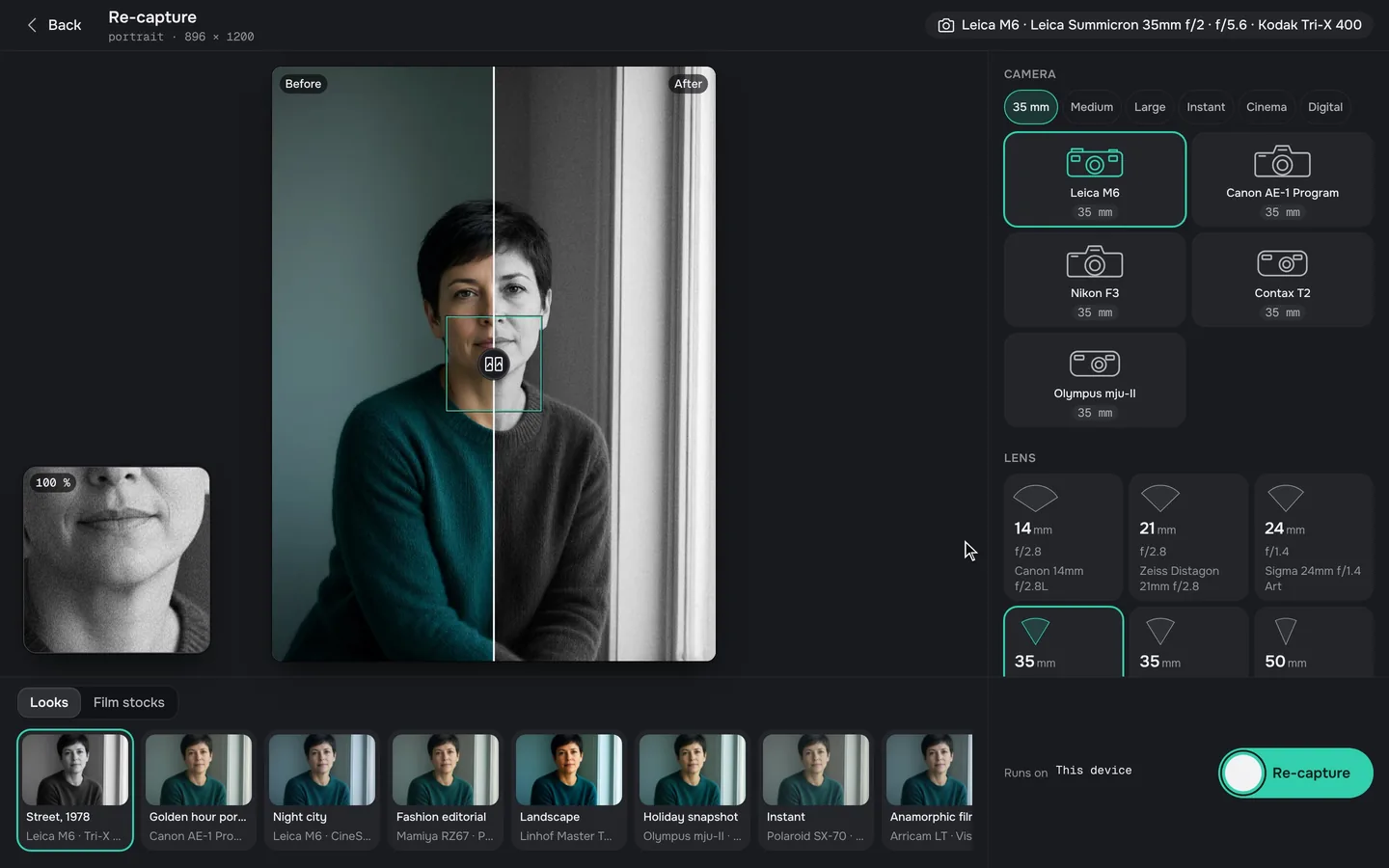 The Re-capture screen: the portrait split before and after, a strip of looks, and the camera bag.