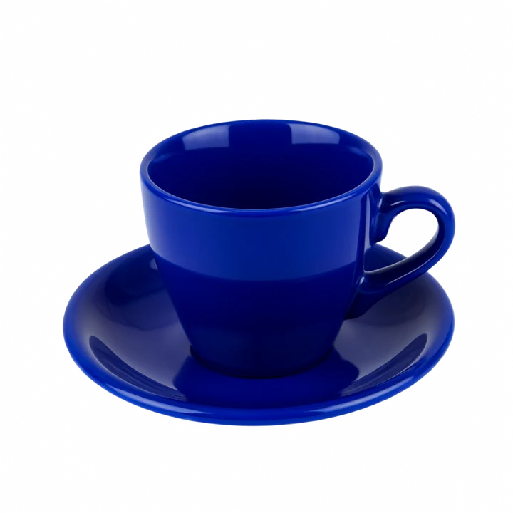 A glossy cobalt blue cup on a saucer, on a transparent background.