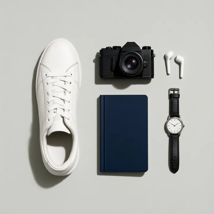 An overhead flat lay of white sneakers, a film camera, a notebook, earbuds and a watch.