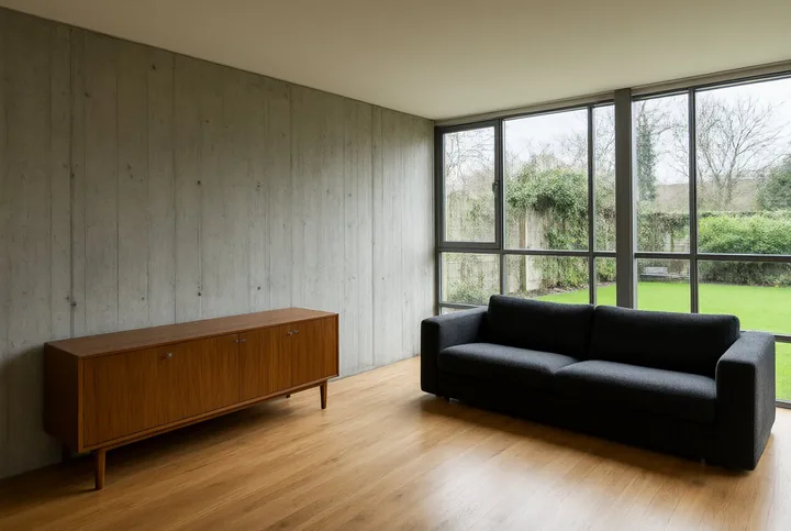 A mid-century living room with concrete walls, an oak floor and a charcoal sofa.