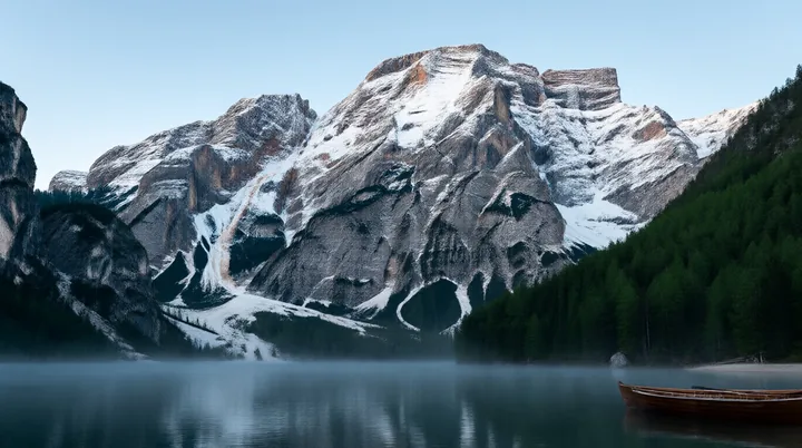 An alpine lake at dawn with mist, snowy granite peaks and a rowboat.