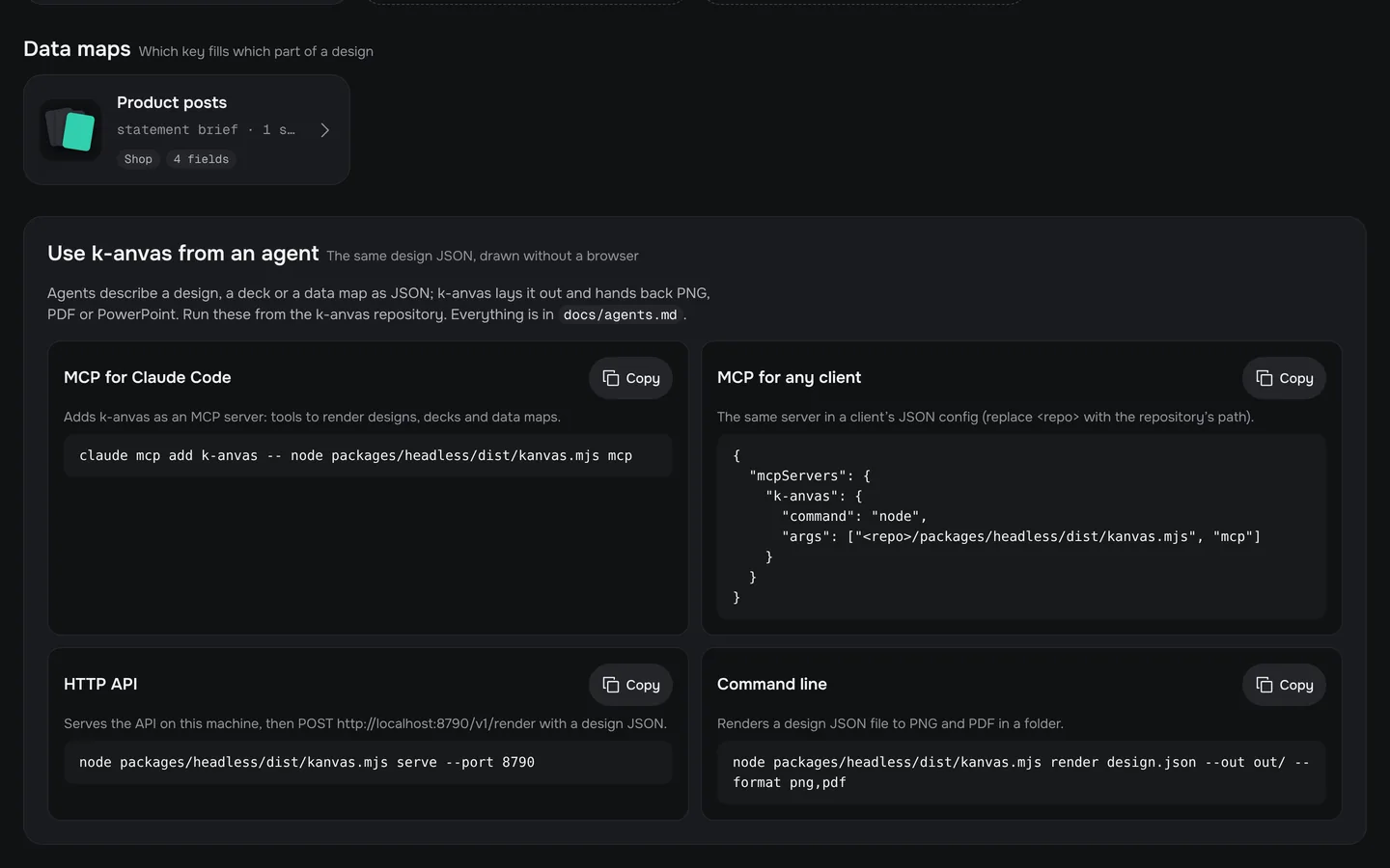 Integrations: data sources, data maps, and Use k-anvas from an agent, with the MCP, HTTP API and command line set-ups ready to copy.