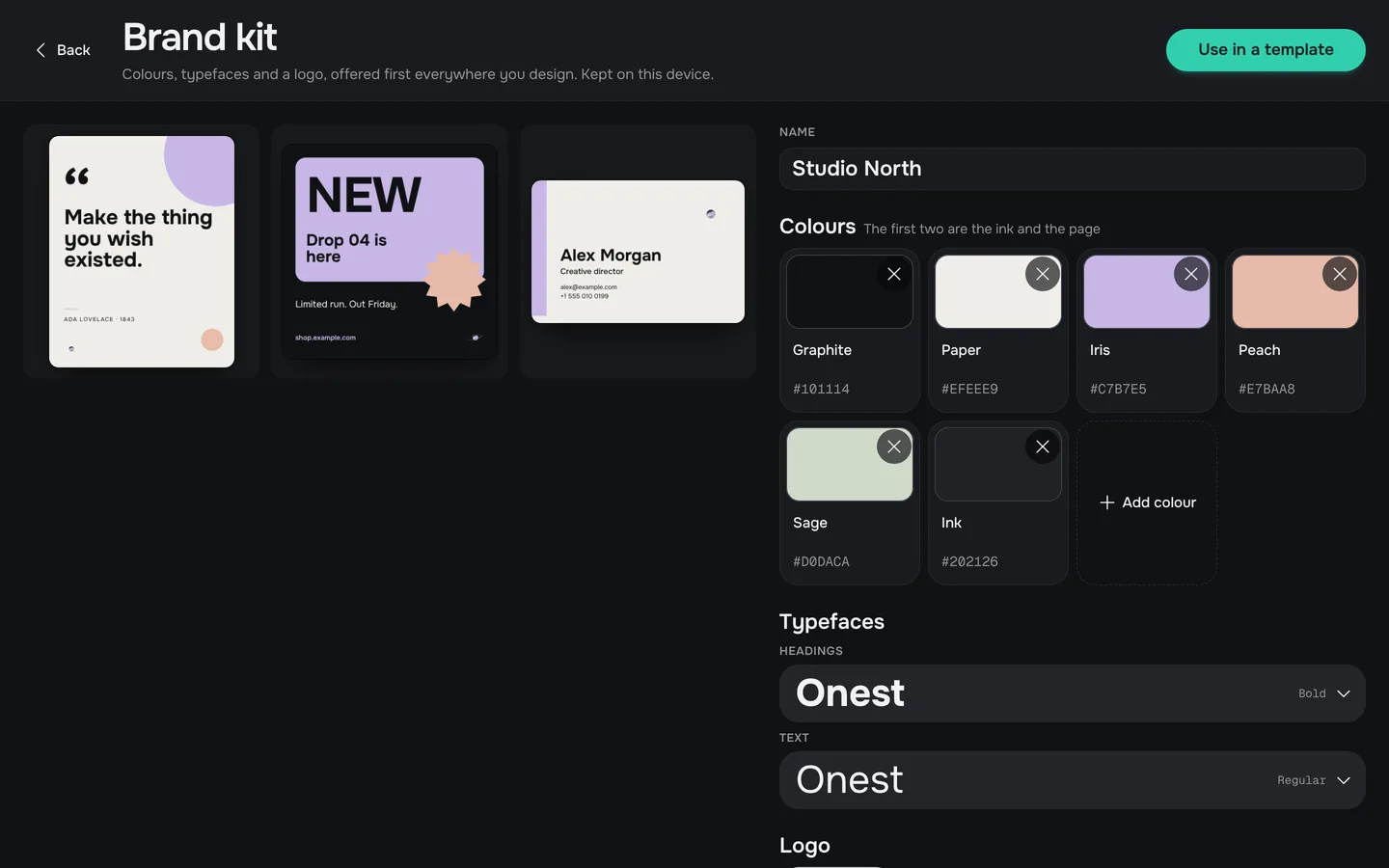 The Brand kit screen: colours, typefaces and a logo, with previews.