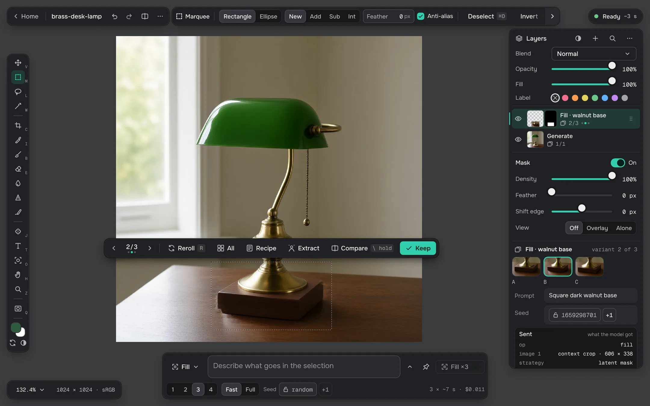 The k-anvas editor: a brass desk lamp, its base selected with a marquee, a new walnut base filled in, and the variant bar showing variant 2 of 3.
