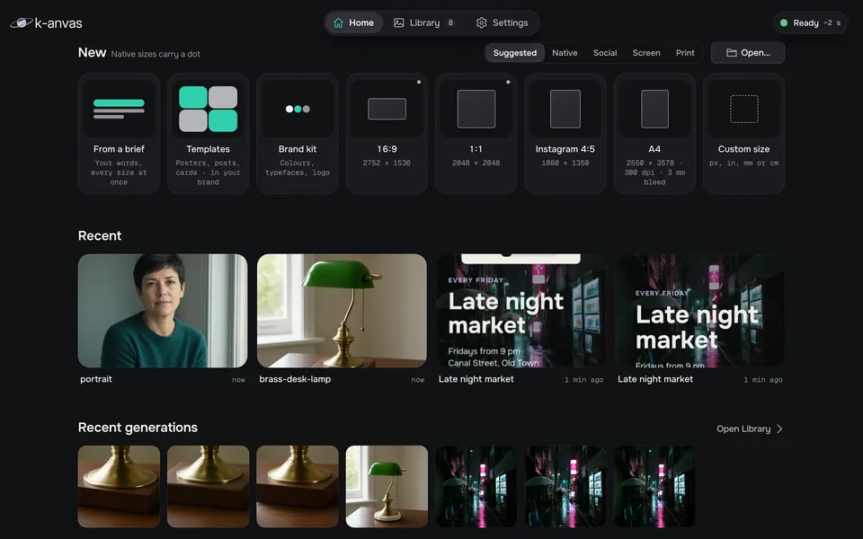 Home: recent pictures and designs, with From a brief, Templates and Brand kit to start something new.
