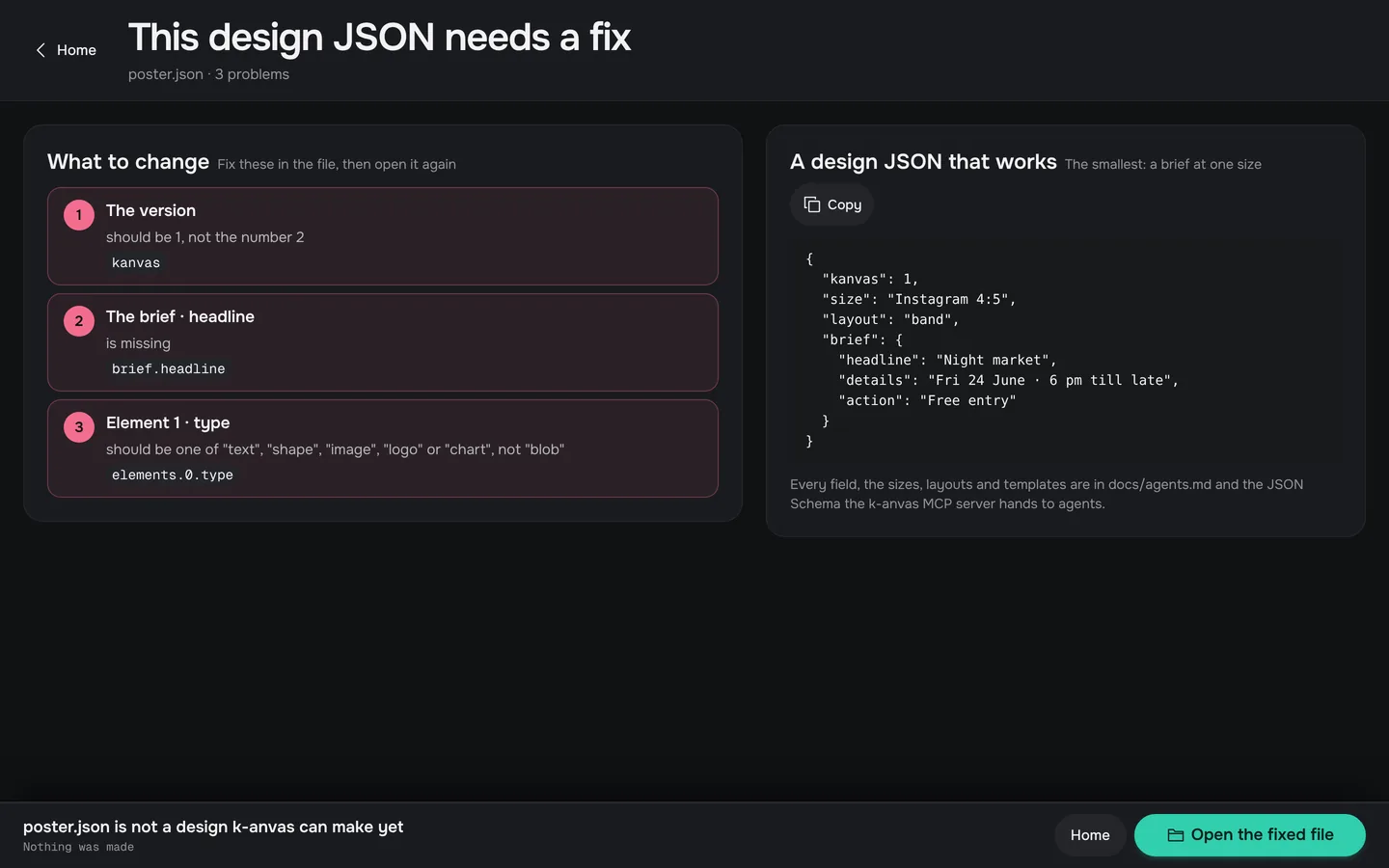 This design JSON needs a fix: three problems listed by path, and a design JSON that works beside them.