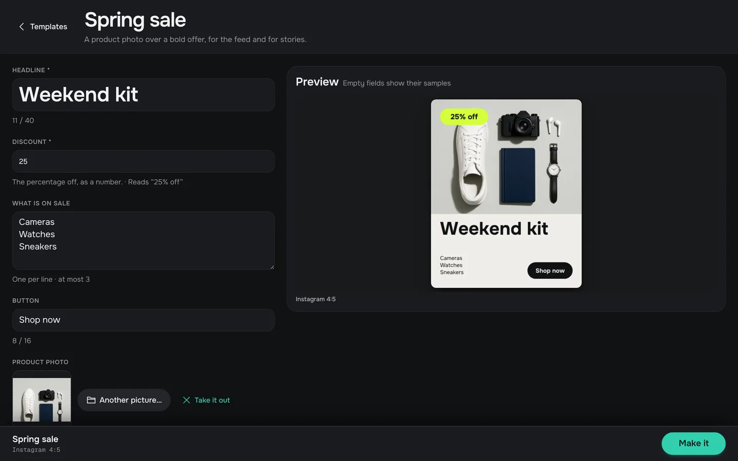 An imported template, Spring sale, with a form for its fields and a live preview.